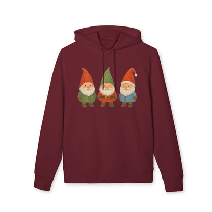 Three Little Gnomes Christmas Sustainable Unisex Hoodie granate con capucha y cordón, diseño navideño de tres gnomos en el pecho