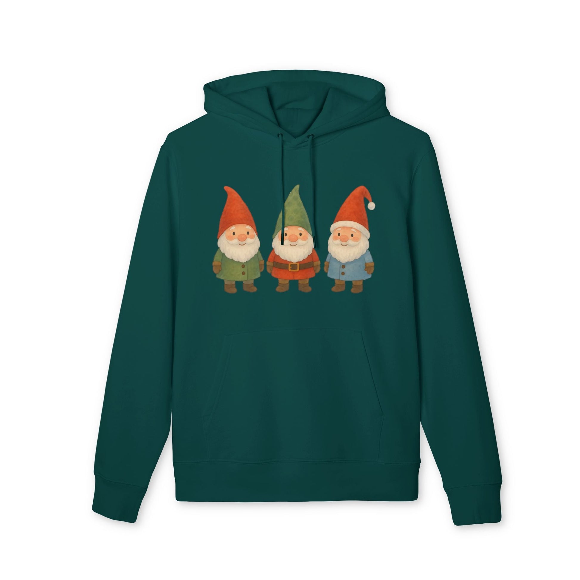 Three Little Gnomes Christmas Sustainable Unisex Hoodie de algodón orgánico, verde azulado, con tres gnomos navideños estampados