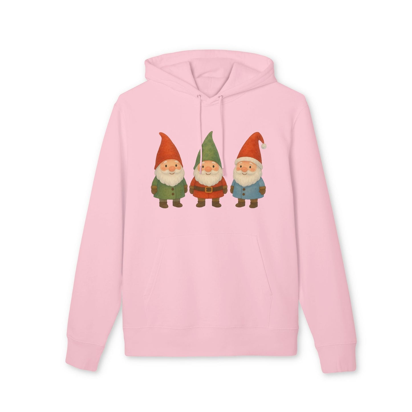 Alt Tag: Three Little Gnomes Christmas Sustainable Unisex Hoodie in pink with three gnomes holiday graphic, organic cotton pullover