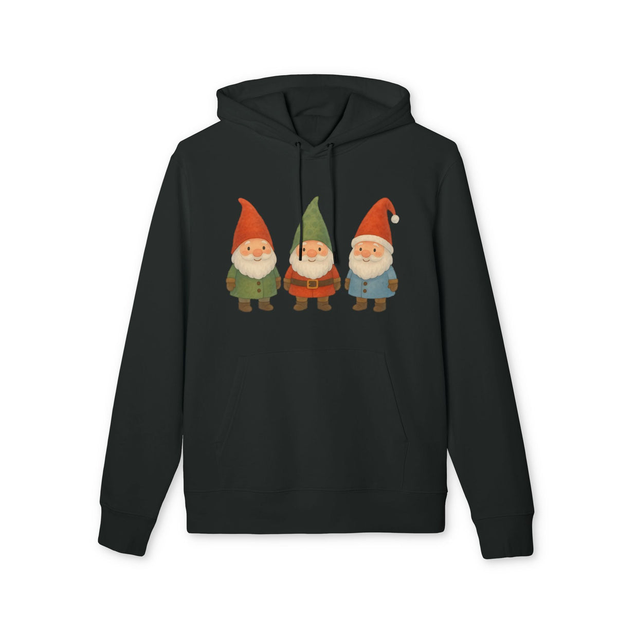 Three Little Gnomes Christmas Sustainable Unisex Hoodie black organic cotton pullover with three festive gnome graphic