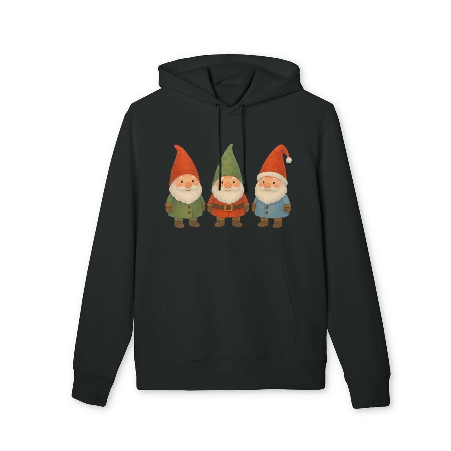 Three Little Gnomes Christmas Sustainable Unisex Hoodie black organic cotton pullover with three festive gnome graphic