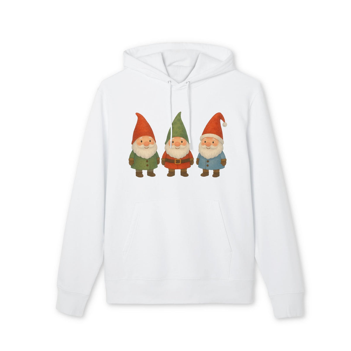 Three Little Gnomes Christmas Sustainable Unisex Hoodie in white with three festive gnomes graphic, organic cotton pullover