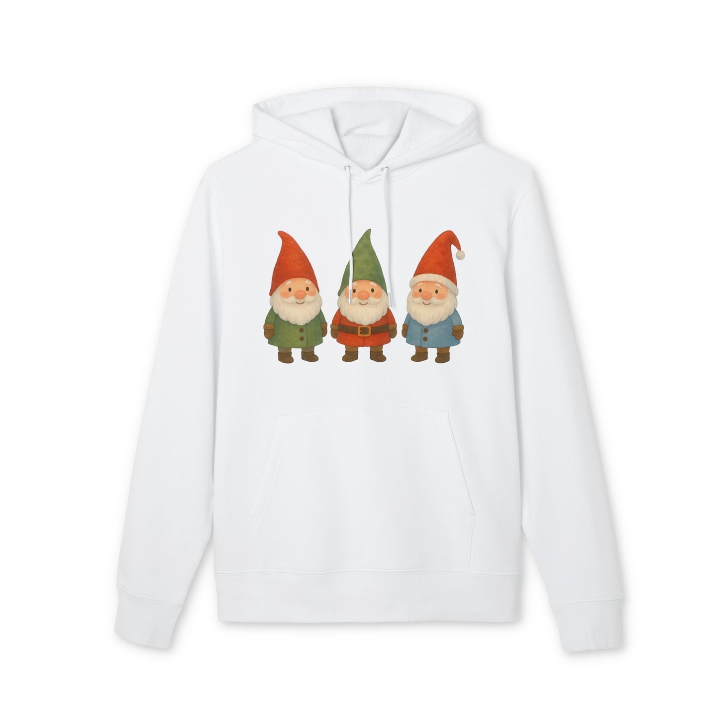 Three Little Gnomes Christmas Sustainable Unisex Hoodie in white with three festive gnomes graphic, organic cotton pullover