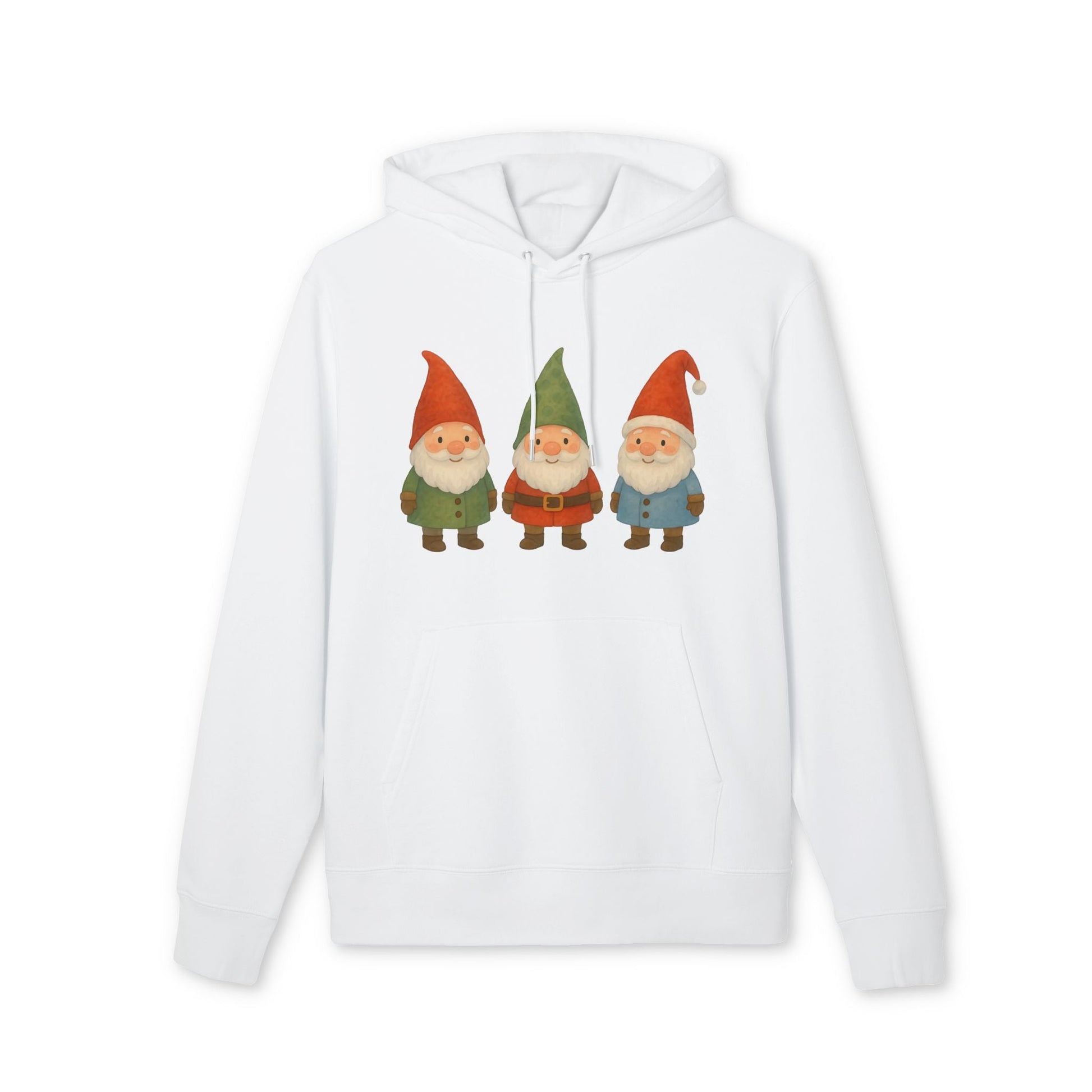 Three Little Gnomes Christmas Sustainable Unisex Hoodie in white with three festive gnomes graphic, organic cotton pullover