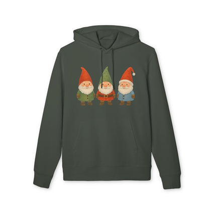 Three Little Gnomes Christmas Sustainable Unisex Hoodie in dark green with three festive gnomes graphic, organic cotton pullover