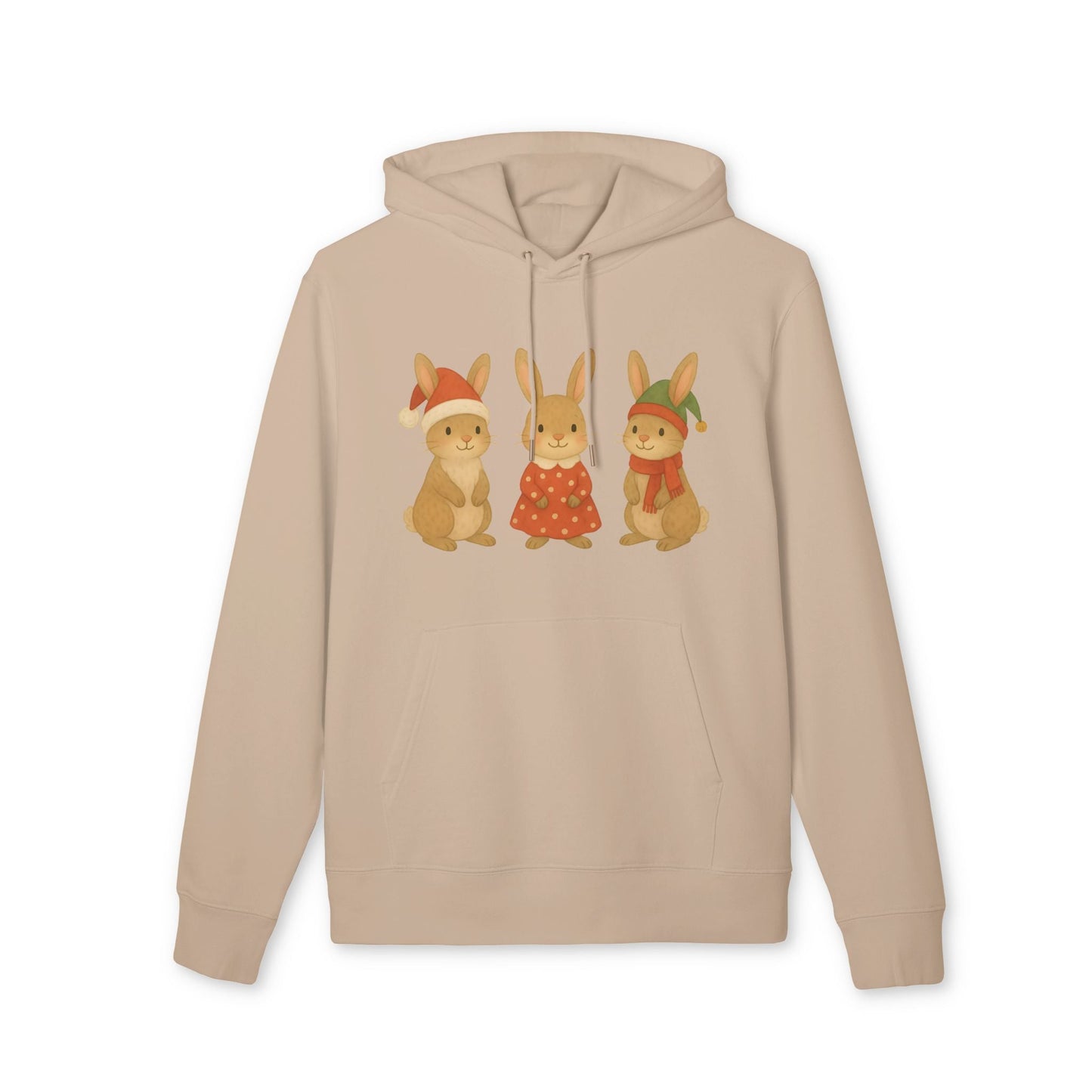 Three Little Hares Christmas 100% Organic Cotton Hoodie beige hoodie with three festive hares illustration on front
