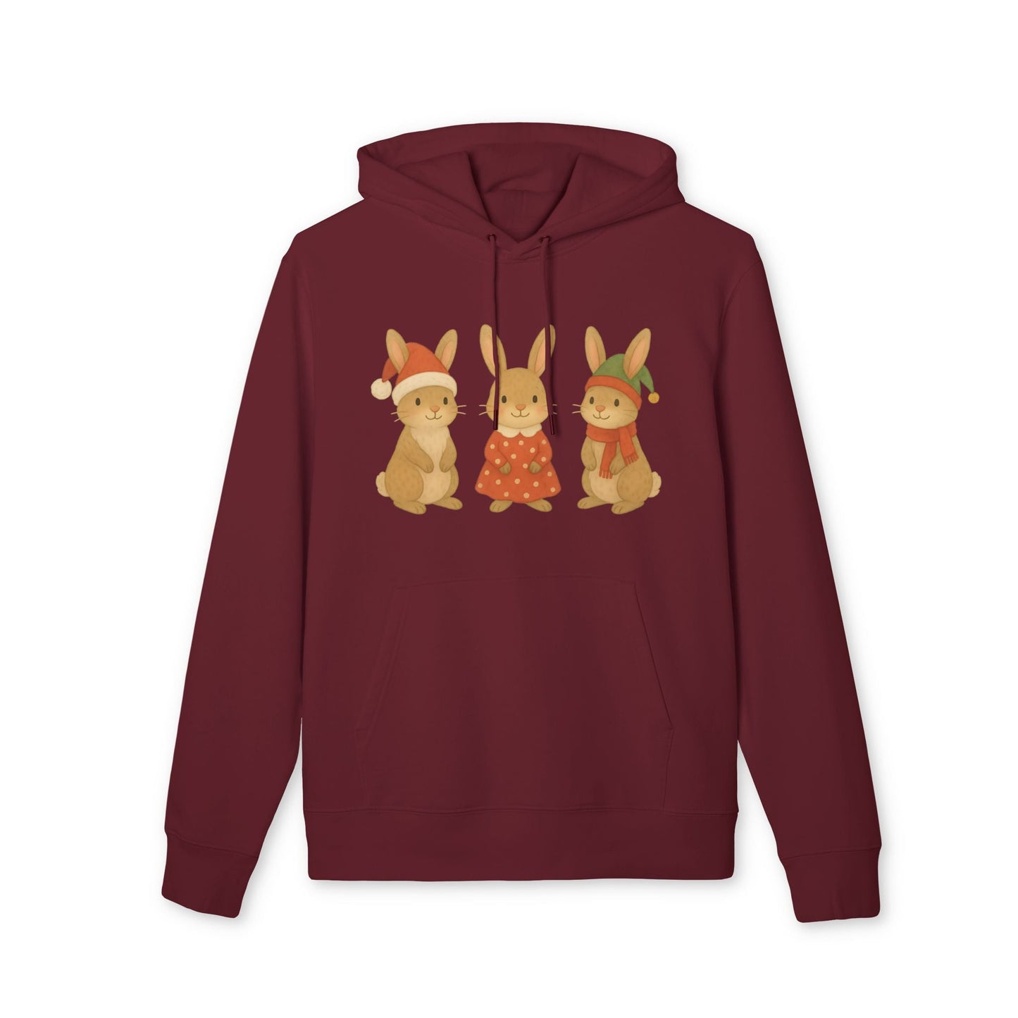 Alt Tag: Three Little Hares Christmas 100% Organic Cotton Hoodie granate con ilustración de tres liebres navideñas en el frente