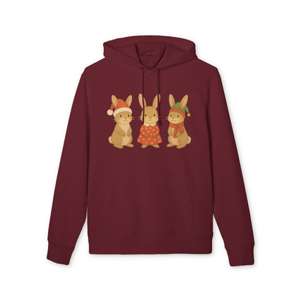 Alt Tag: Three Little Hares Christmas 100% Organic Cotton Hoodie granate con ilustración de tres liebres navideñas en el frente