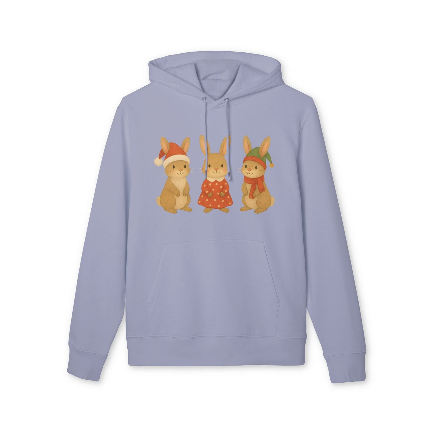 Three Little Hares Christmas 100% Organic Cotton Hoodie with three rabbit Christmas illustration on light blue pullover hoodie