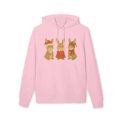 Alt Tag: Three Little Hares Christmas 100% Organic Cotton Hoodie in pink with three festive hare illustration on front