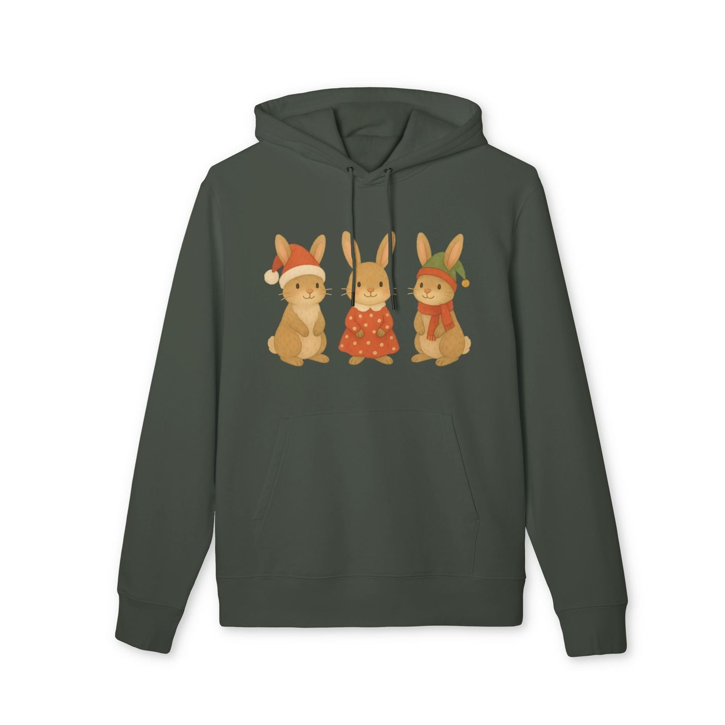Alt Tag: Three Little Hares Christmas 100% Organic Cotton Hoodie verde oscuro con tres conejos navideños ilustrados en el frente