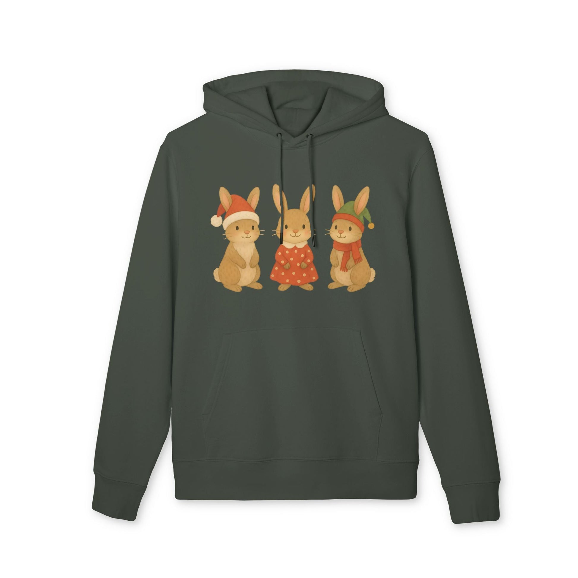 Alt Tag: Three Little Hares Christmas 100% Organic Cotton Hoodie verde oscuro con tres conejos navideños ilustrados en el frente