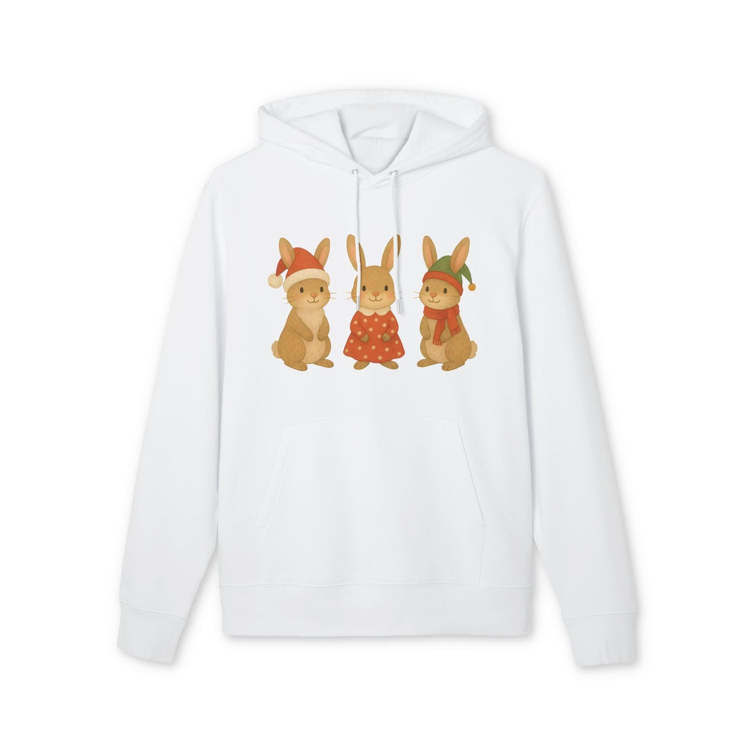 Alt Tag: Three Little Hares Christmas 100% Organic Cotton Hoodie, white pullover with cute three hares Christmas illustration on front