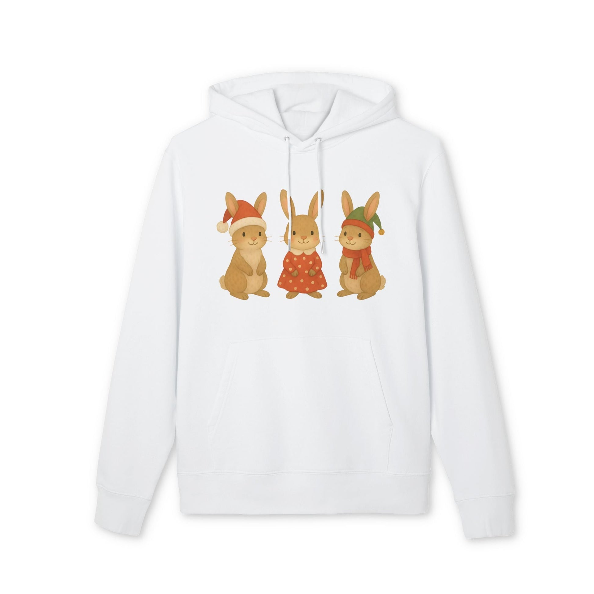 Alt Tag: Three Little Hares Christmas 100% Organic Cotton Hoodie, white pullover with cute three hares Christmas illustration on front