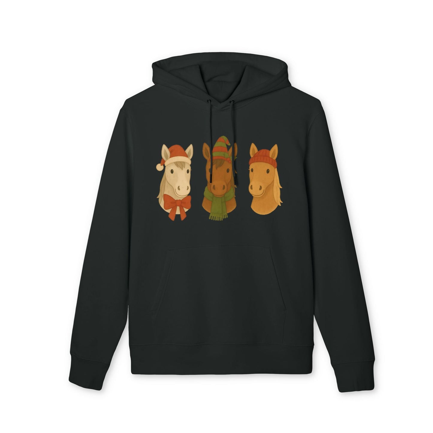 Three Little Horses Christmas Sustainable Unisex Hoodie black hoodie with three festive cartoon horses wearing winter hats and scarf