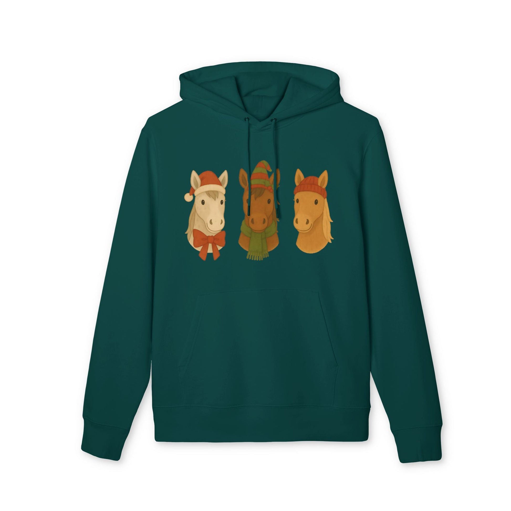 Alt Tag: Three Little Horses Christmas Sustainable Unisex Hoodie in teal with three festive horse graphic, organic cotton Christmas hoodie