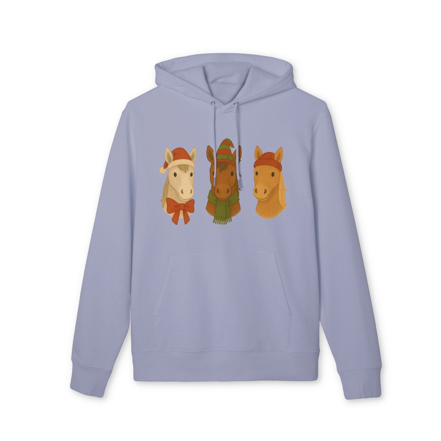 Alt Tag: Three Little Horses Christmas Sustainable Unisex Hoodie in light blue with three festive horse illustration, front view
