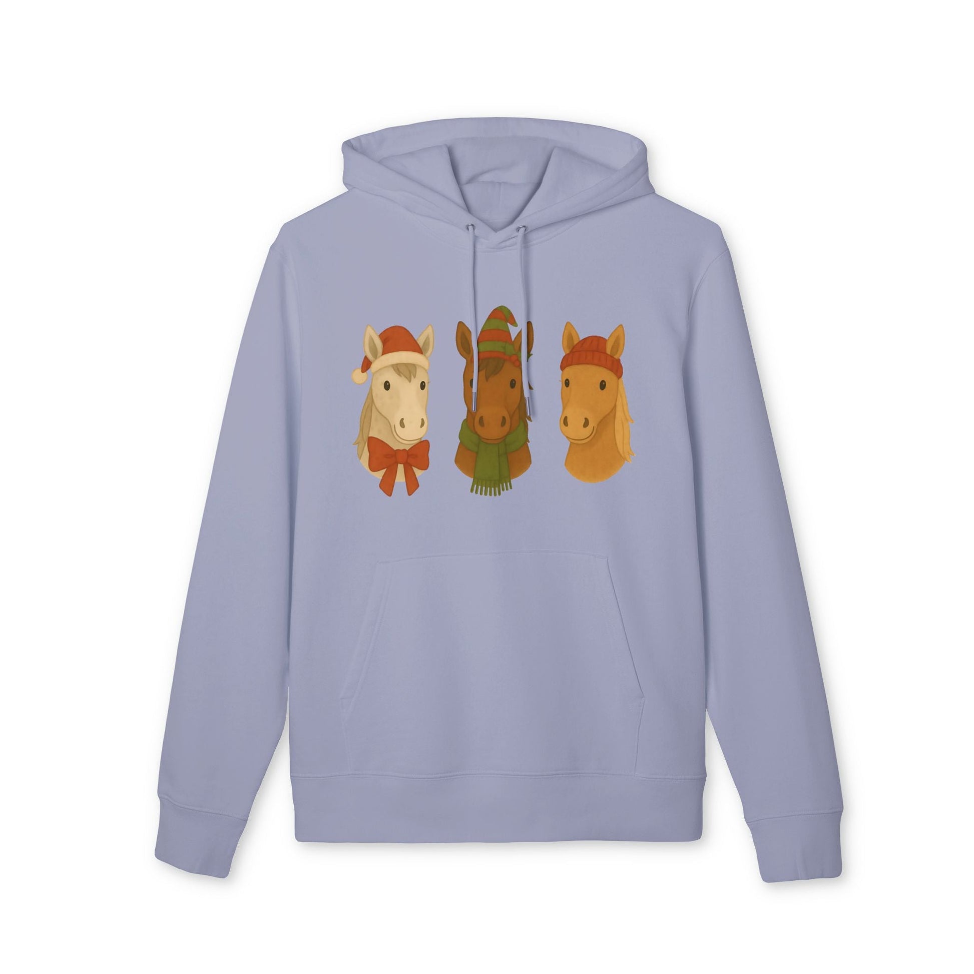 Alt Tag: Three Little Horses Christmas Sustainable Unisex Hoodie in light blue with three festive horse illustration, front view