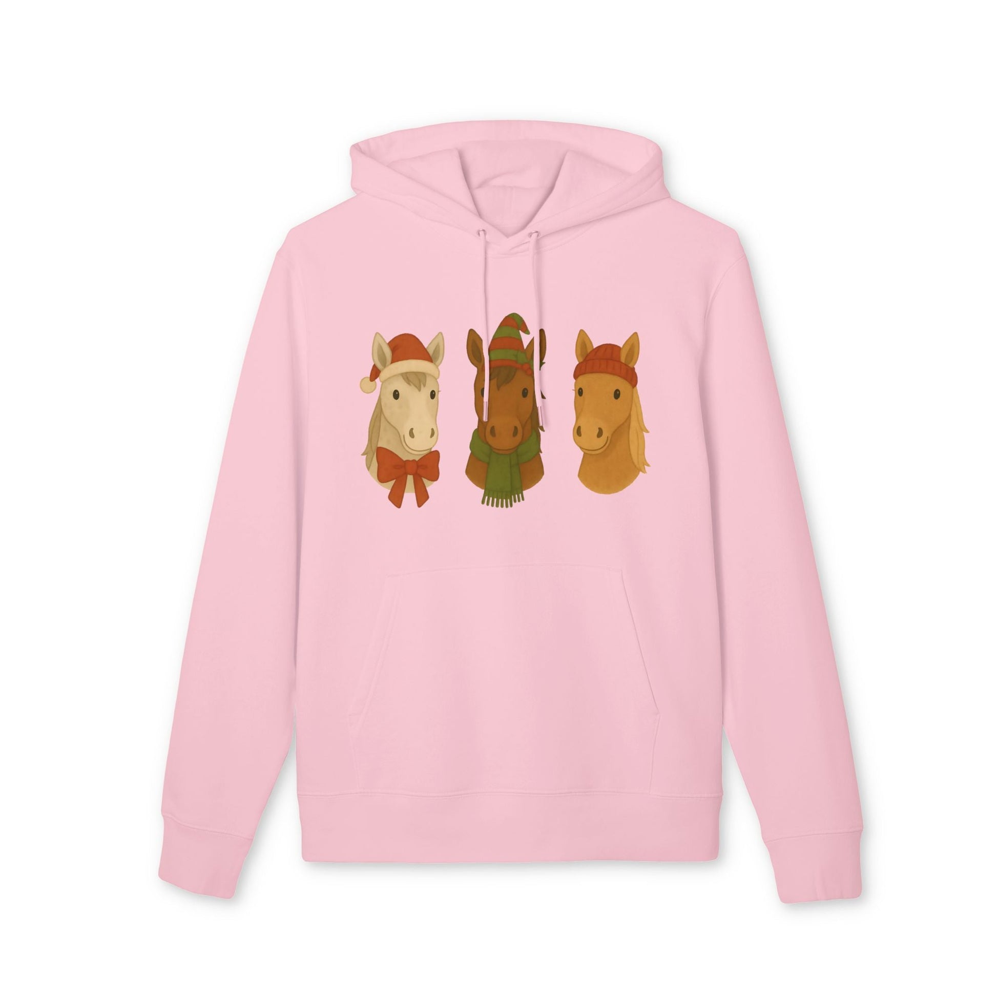 Three Little Horses Christmas Sustainable Unisex Hoodie in pink with three festive horse faces graphic on front