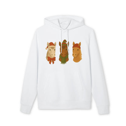 Alt Tag: Three Little Horses Christmas Sustainable Unisex Hoodie white organic cotton hoodie with three holiday horse faces graphic