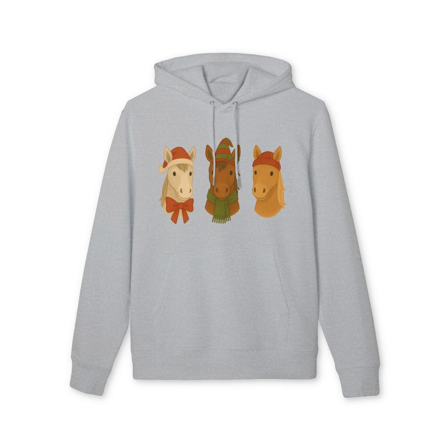 Alt Tag: Three Little Horses Christmas Sustainable Unisex Hoodie in gray with three holiday horse graphic on front