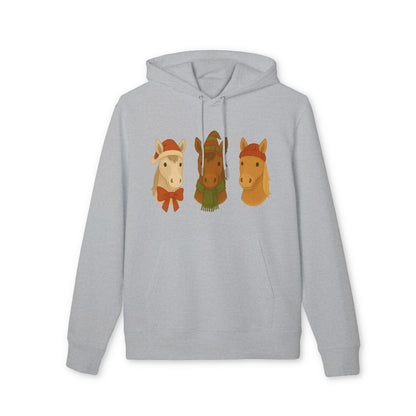 Alt Tag: Three Little Horses Christmas Sustainable Unisex Hoodie in gray with three holiday horse graphic on front
