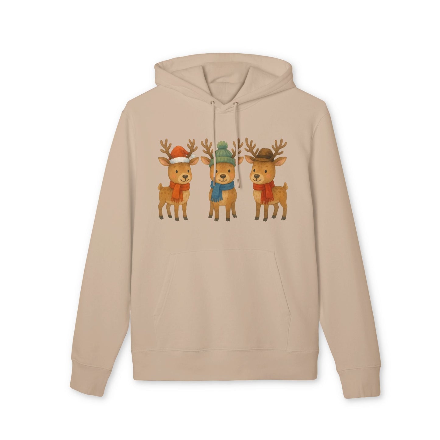 Alt Tag: Three Little Reindeers Christmas Sustainable Unisex Hoodie beige organic cotton hoodie with three cartoon reindeers holiday print