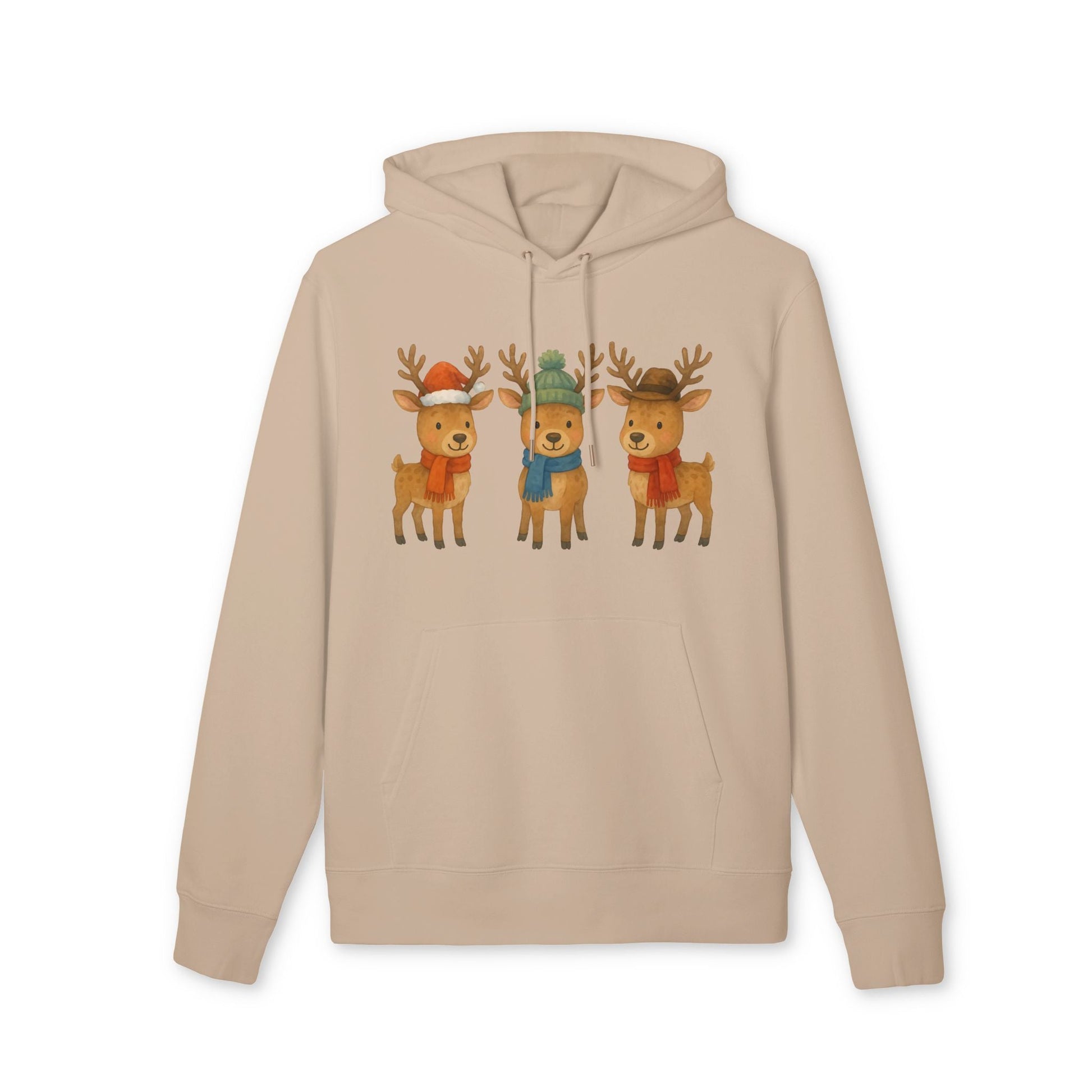 Alt Tag: Three Little Reindeers Christmas Sustainable Unisex Hoodie beige organic cotton hoodie with three cartoon reindeers holiday print