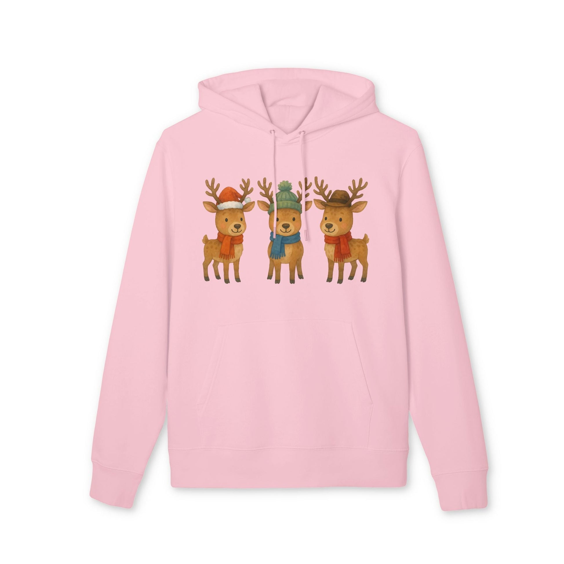 Three Little Reindeers Christmas Sustainable Unisex Hoodie in pink with three cute reindeer graphic on front