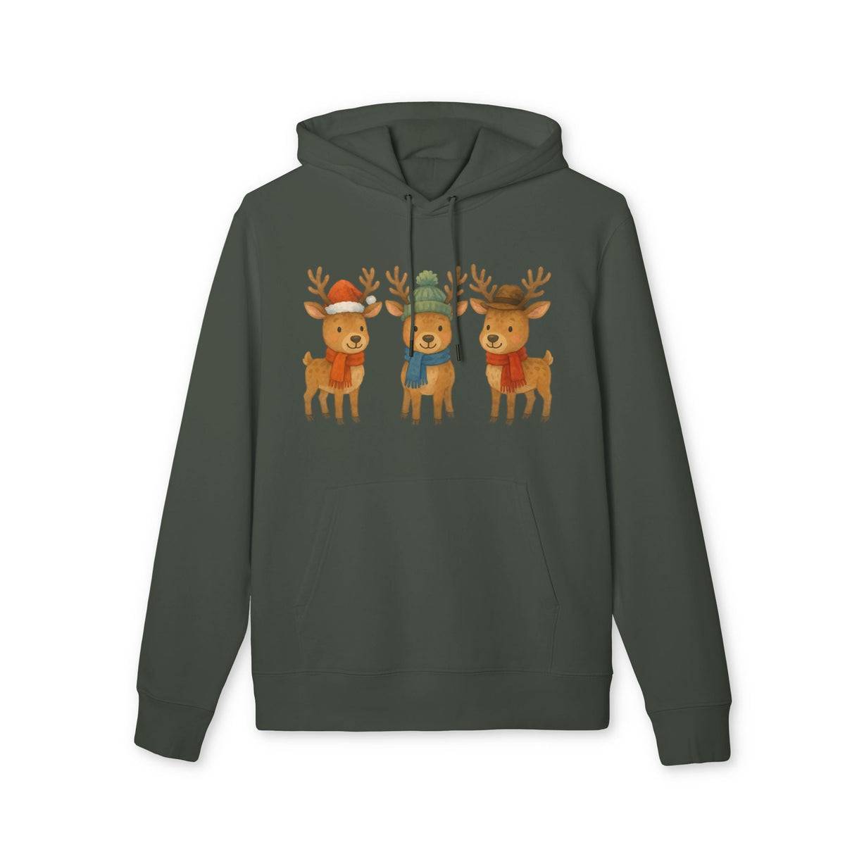 Alt Tag: Three Little Reindeers Christmas Sustainable Unisex Hoodie in forest green with three cartoon reindeer holiday graphic