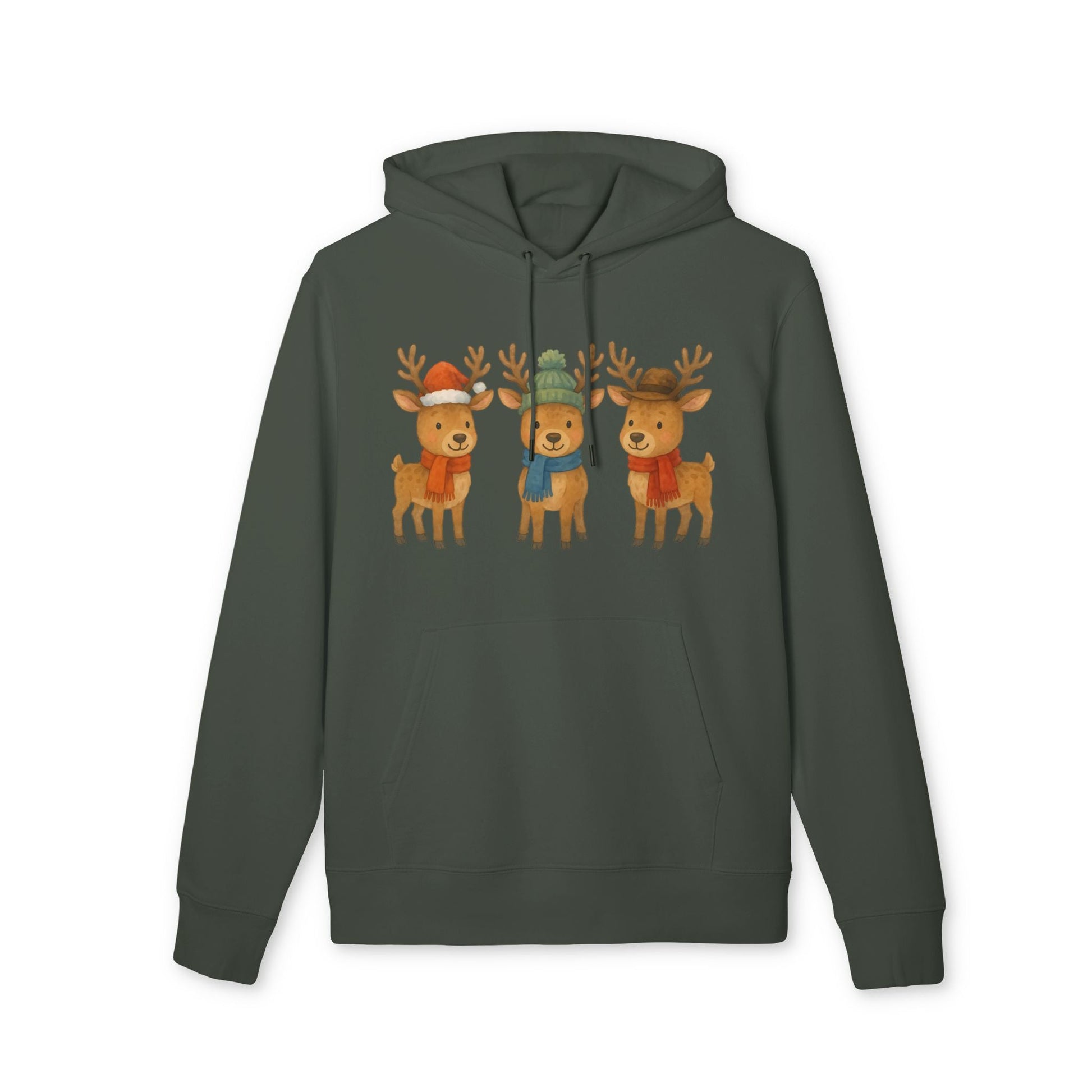 Alt Tag: Three Little Reindeers Christmas Sustainable Unisex Hoodie in forest green with three cartoon reindeer holiday graphic