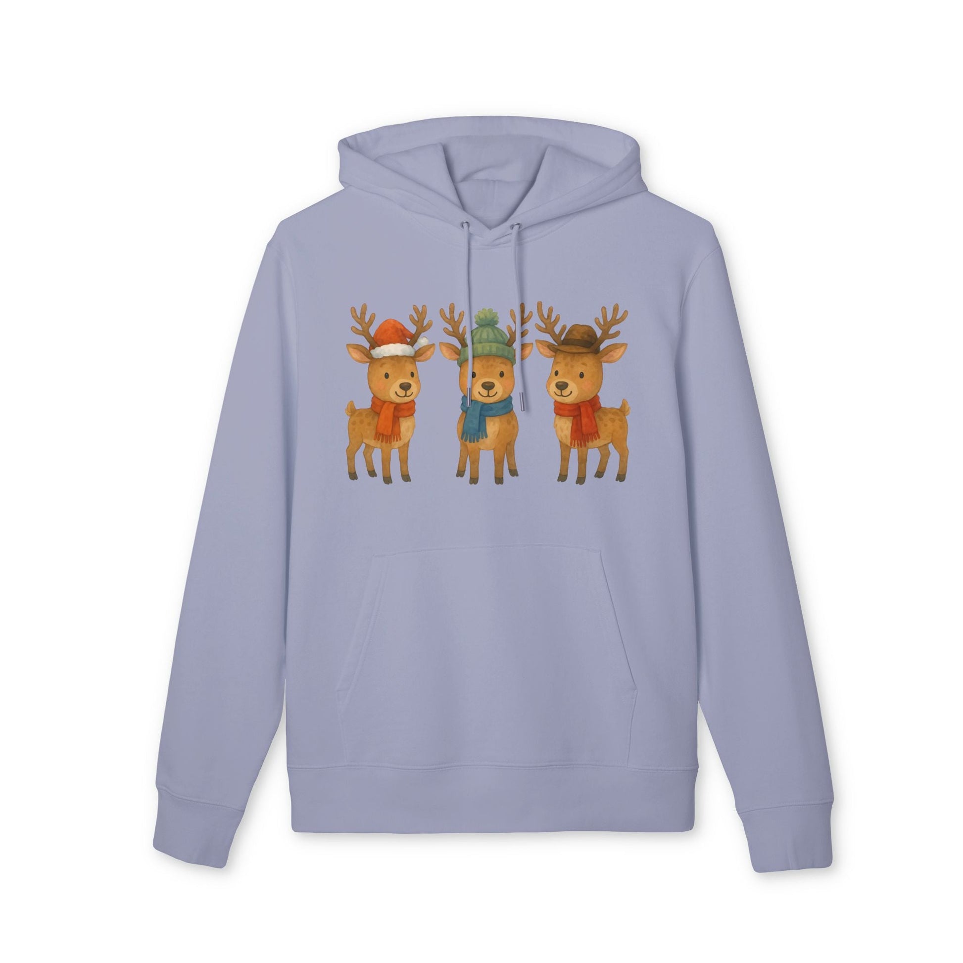 Alt Tag: Three Little Reindeers Christmas Sustainable Unisex Hoodie in light blue with three cute reindeer graphic on front
