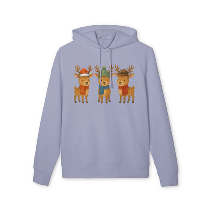 Alt Tag: Three Little Reindeers Christmas Sustainable Unisex Hoodie in light blue with three cute reindeer graphic on front