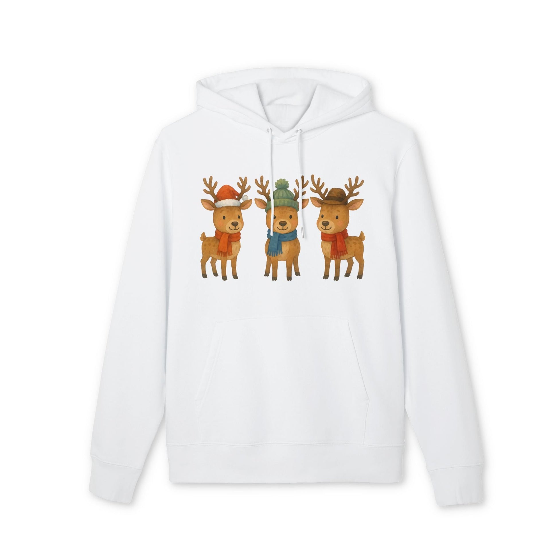 Alt Tag: Three Little Reindeers Christmas Sustainable Unisex Hoodie white organic cotton hoodie with three cute reindeer holiday graphic