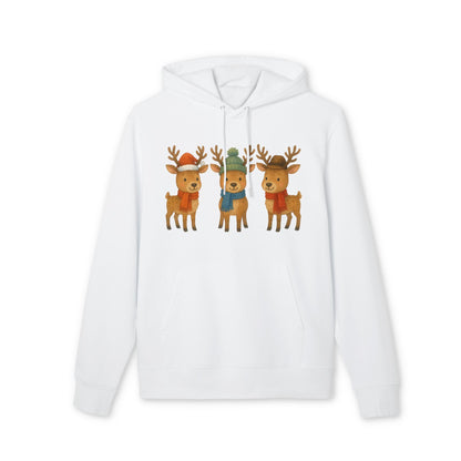 Alt Tag: Three Little Reindeers Christmas Sustainable Unisex Hoodie white organic cotton hoodie with three cute reindeer holiday graphic