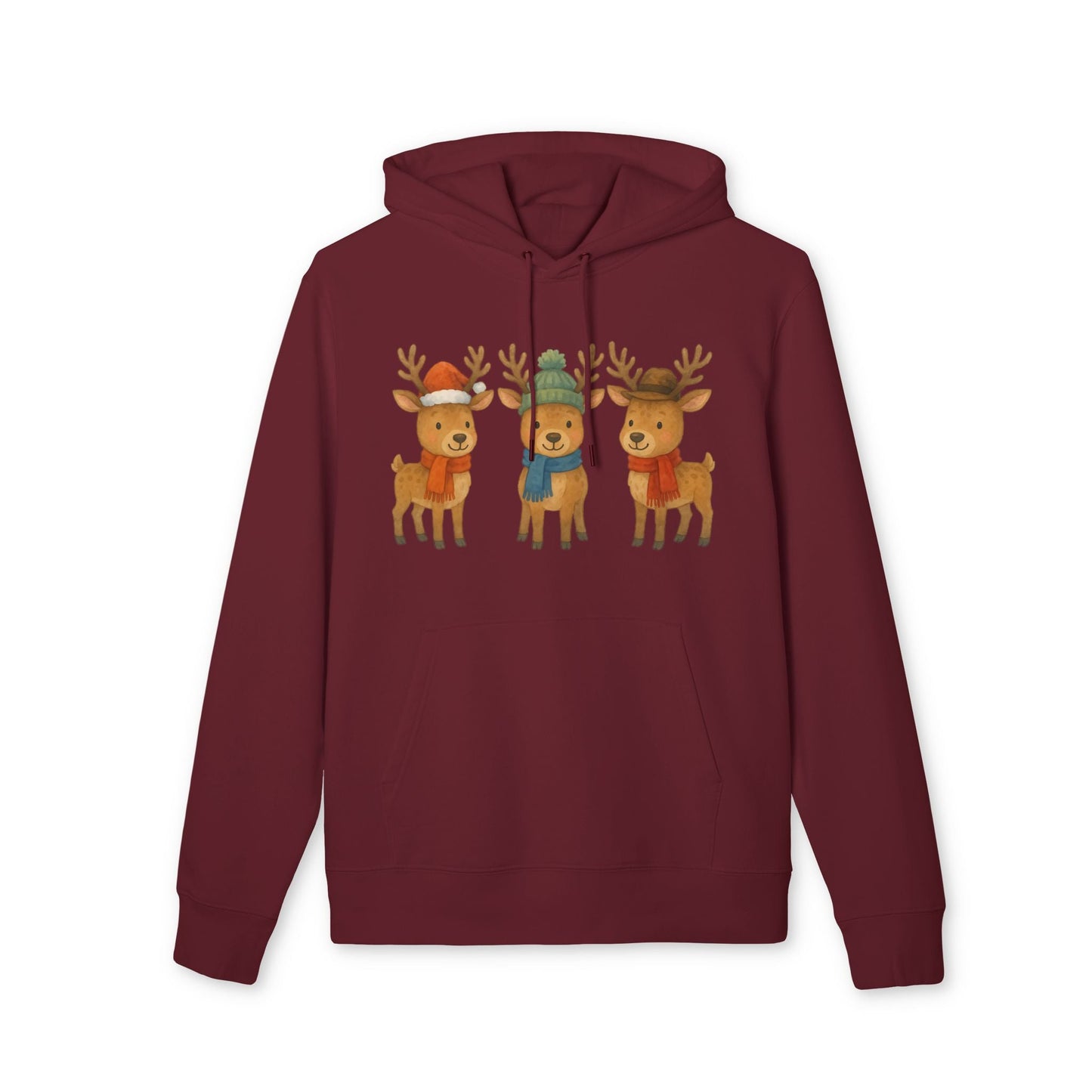 Alt Tag: Three Little Reindeers Christmas Sustainable Unisex Hoodie burgundy with three cute reindeer graphic, organic cotton holiday hoodie