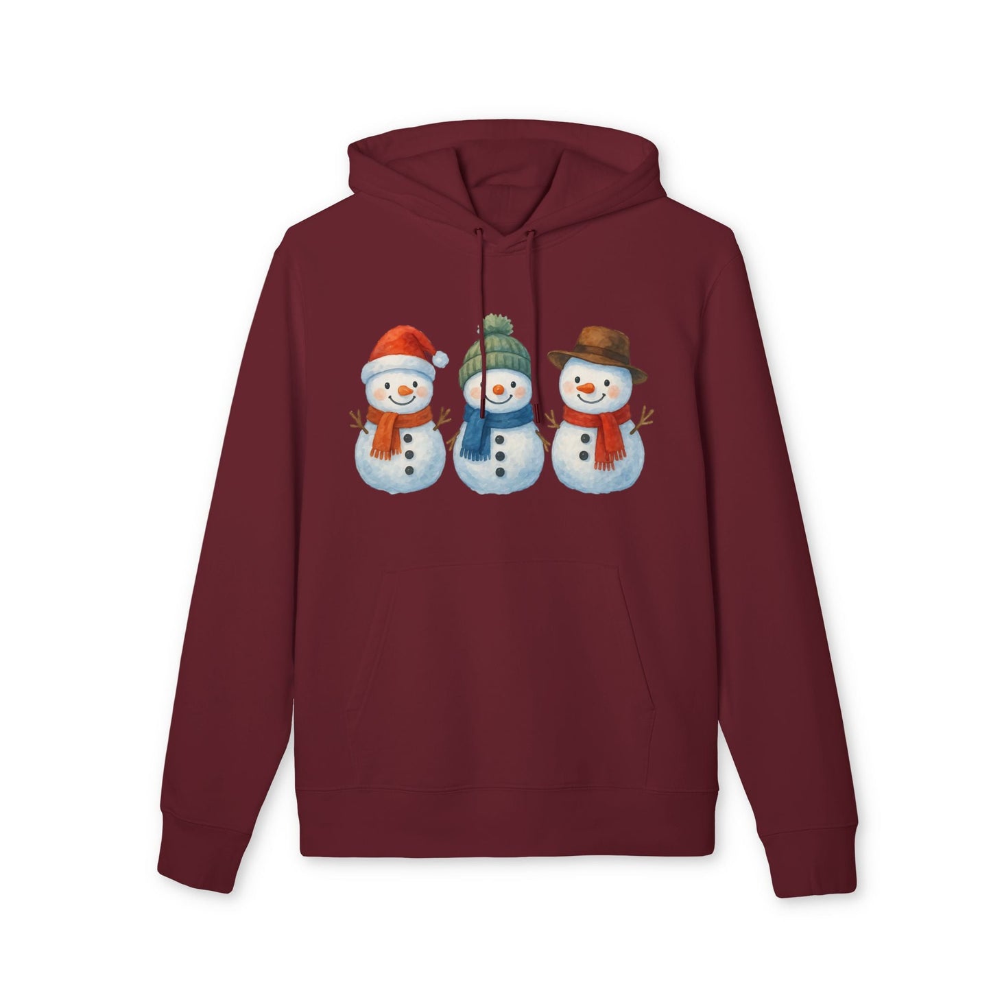 Alt Tag: Three Little Snowmen Christmas Premium Unisex Hoodie in burgundy with three smiling snowmen Christmas graphic on front