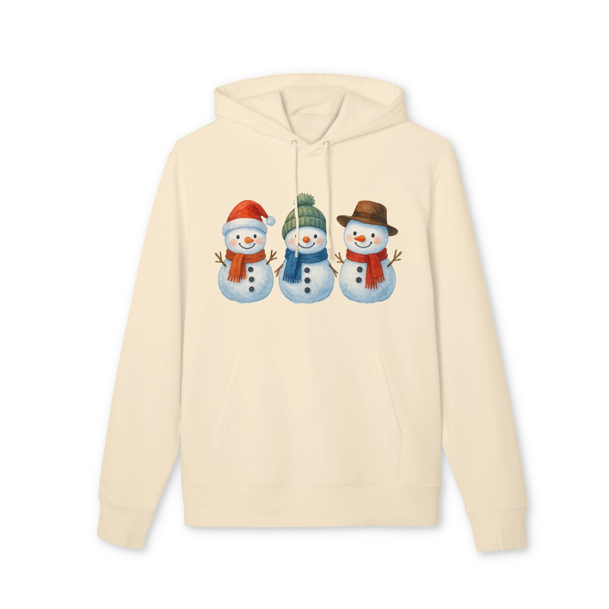 Alt Tag: Three Little Snowmen Christmas Premium Unisex Hoodie color crema con tres muñecos de nieve navideños en el pecho