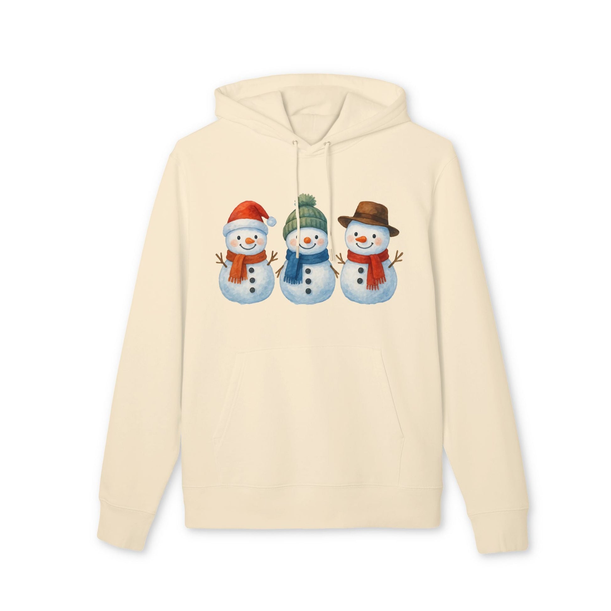 Alt Tag: Three Little Snowmen Christmas Premium Unisex Hoodie color crema con tres muñecos de nieve navideños en el pecho