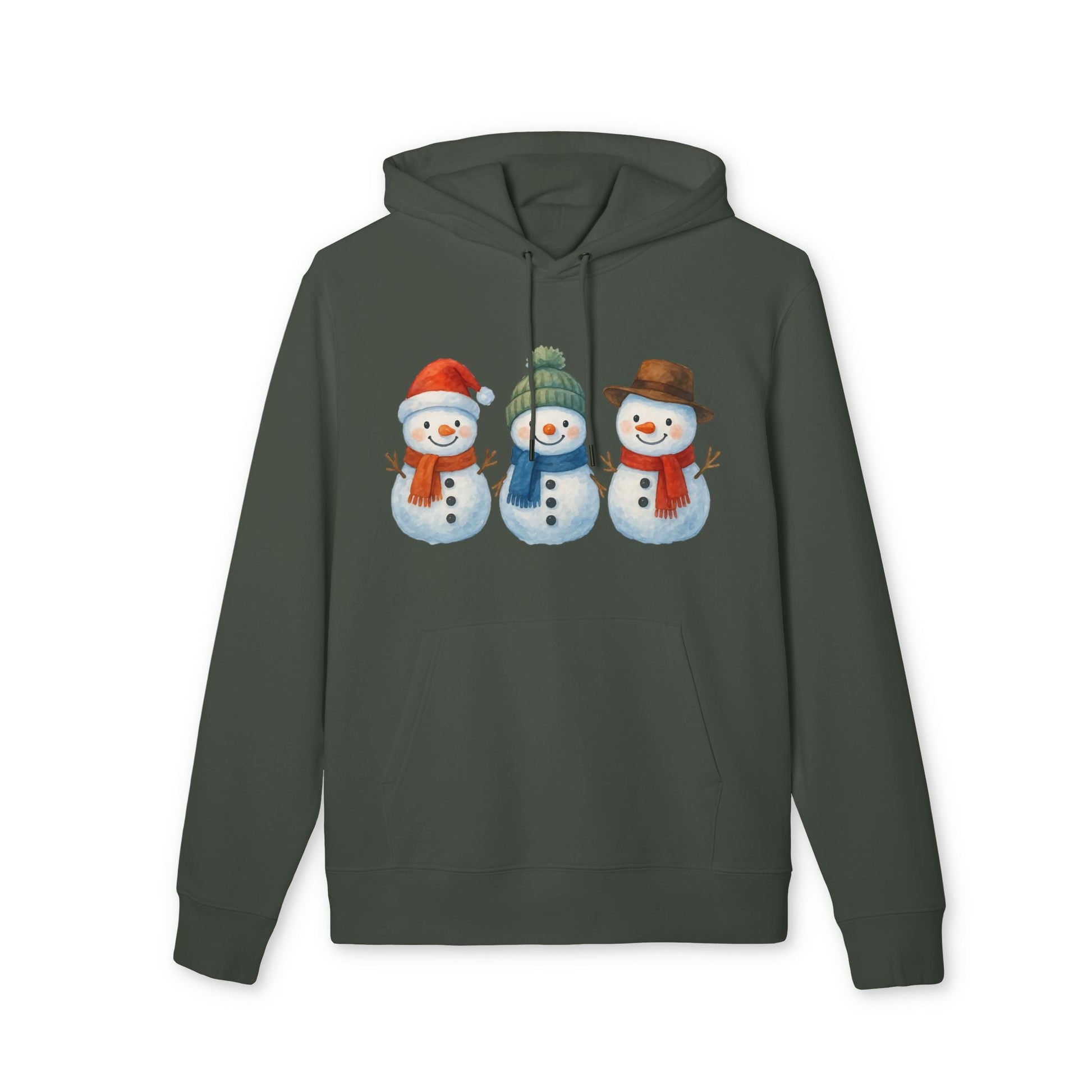 Alt Tag: Three Little Snowmen Christmas Premium Unisex Hoodie in dark green with three snowmen graphic, festive winter holiday pullover