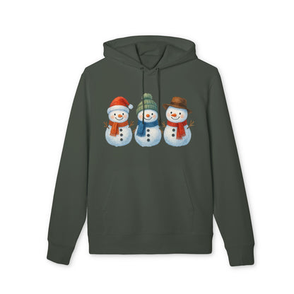 Alt Tag: Three Little Snowmen Christmas Premium Unisex Hoodie in dark green with three snowmen graphic, festive winter holiday pullover