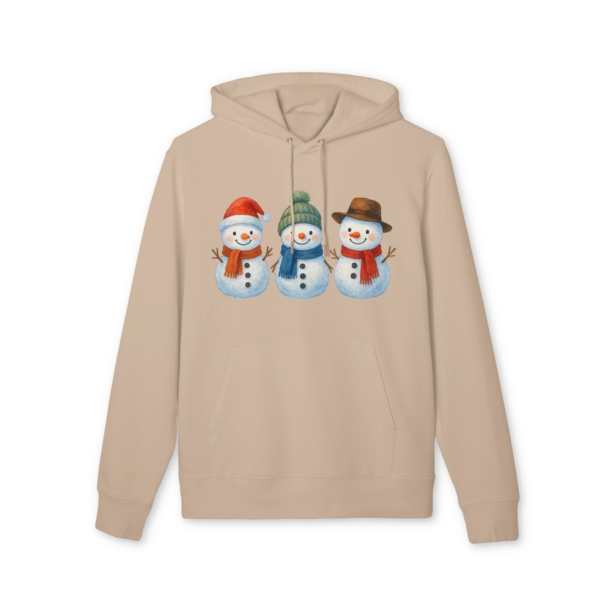Three Little Snowmen Christmas Premium Unisex Hoodie beige organic cotton hoodie with three smiling snowmen graphic