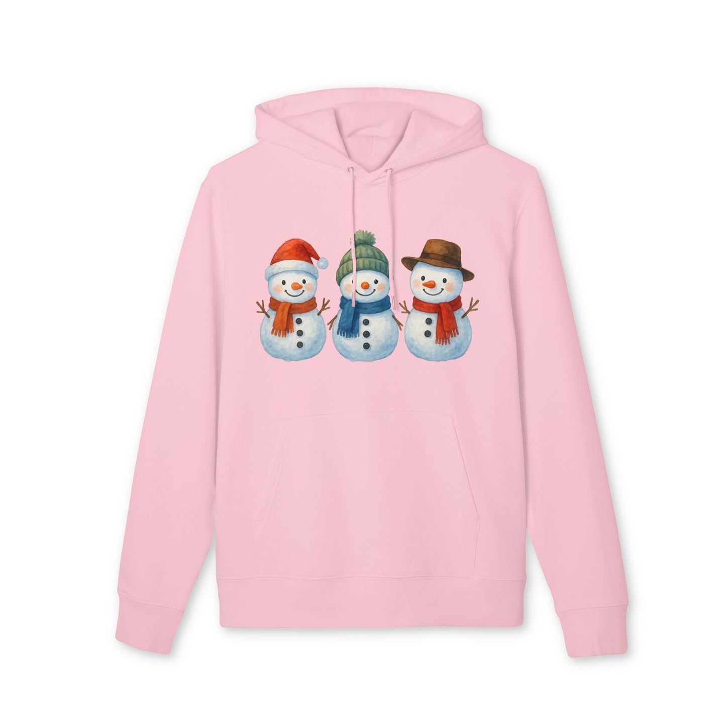 Alt Tag: Three Little Snowmen Christmas Premium Unisex Hoodie rosa con tres muñecos de nieve navideños estampados en el frente