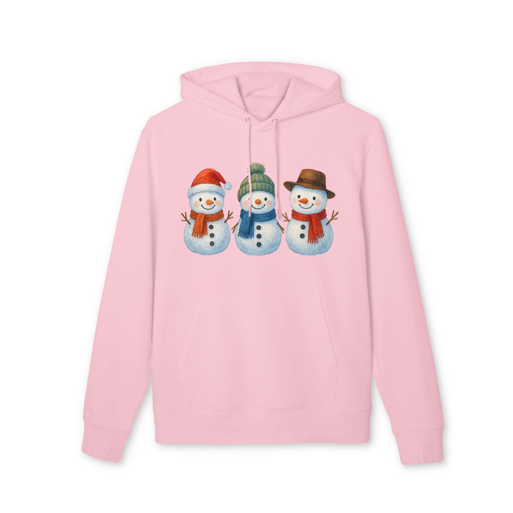 Alt Tag: Three Little Snowmen Christmas Premium Unisex Hoodie rosa con tres muñecos de nieve navideños estampados en el frente