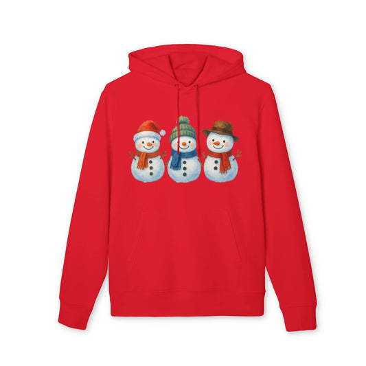 Three Little Snowmen Christmas Premium Unisex Hoodie red pullover with three snowmen Christmas graphic on front