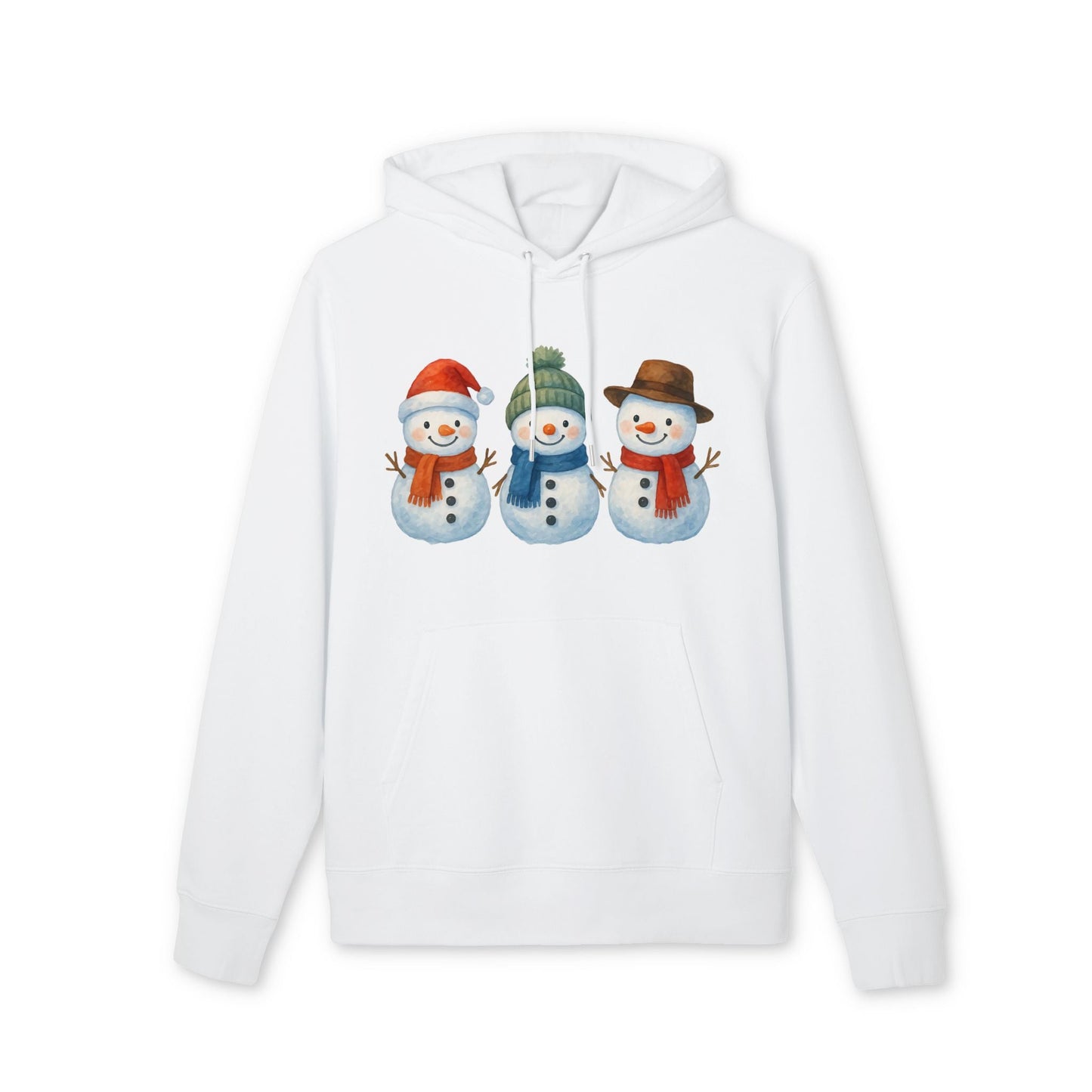 Three Little Snowmen Christmas Premium Unisex Hoodie in white with three snowmen graphic, holiday winter design