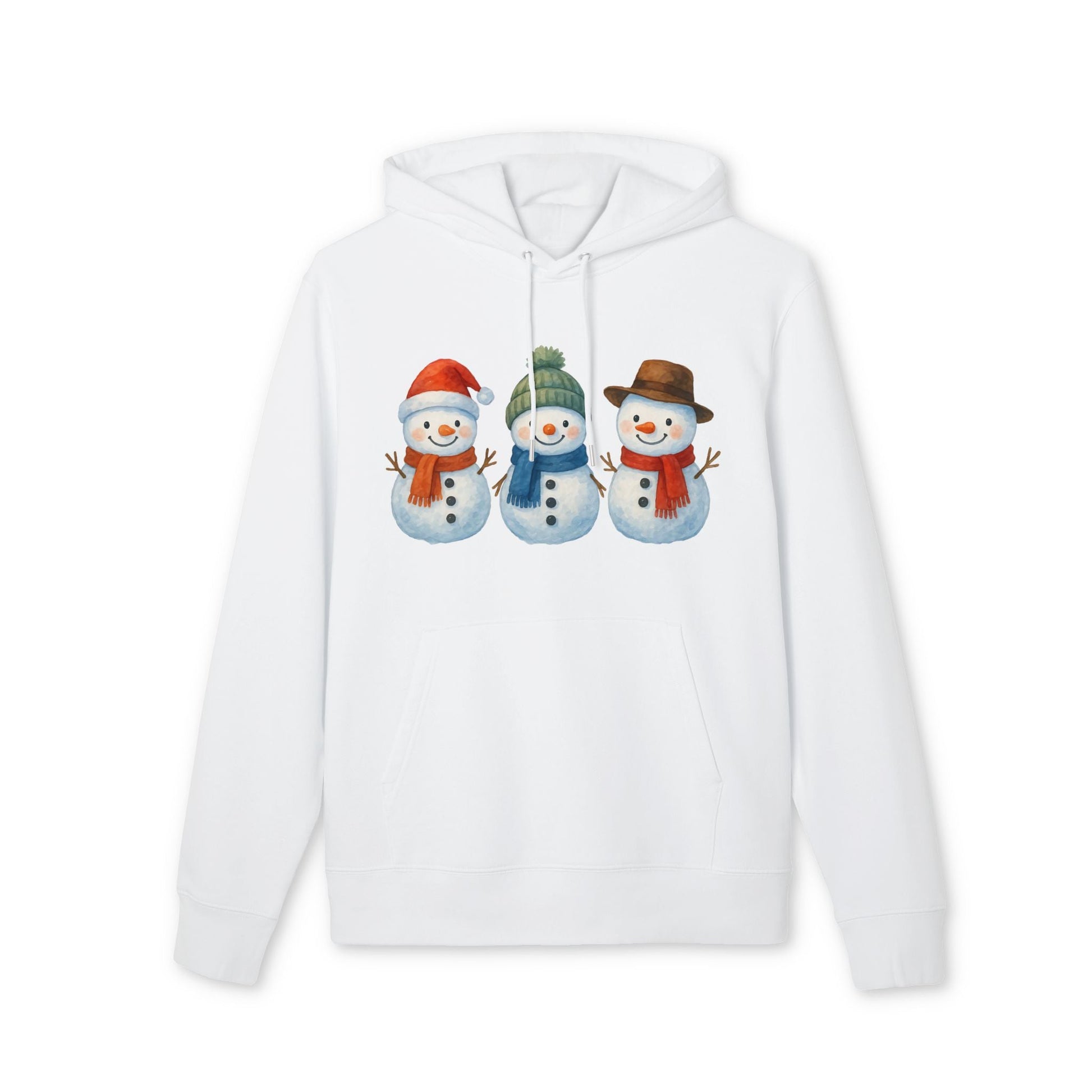 Three Little Snowmen Christmas Premium Unisex Hoodie in white with three snowmen graphic, holiday winter design
