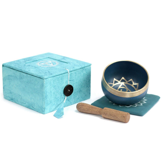 Throat Chakra Singing Bowl – Approx. Frequency 876 Hz with blue bowl, wooden striker, cushion and gift box