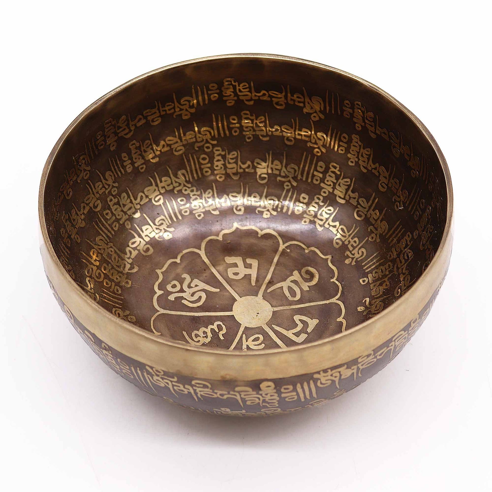 Alt Tag: Engraved Mantra Singing Bowl – 16CM Tibetan singing bowl with engraved mantra and decorative inner pattern, bronze finish