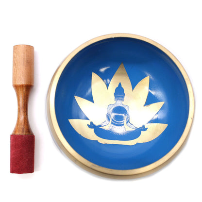 Brass and Wood Tibetan Singing Bowl – White/Blue 14CM with wooden mallet, blue bowl with lotus and Buddha design